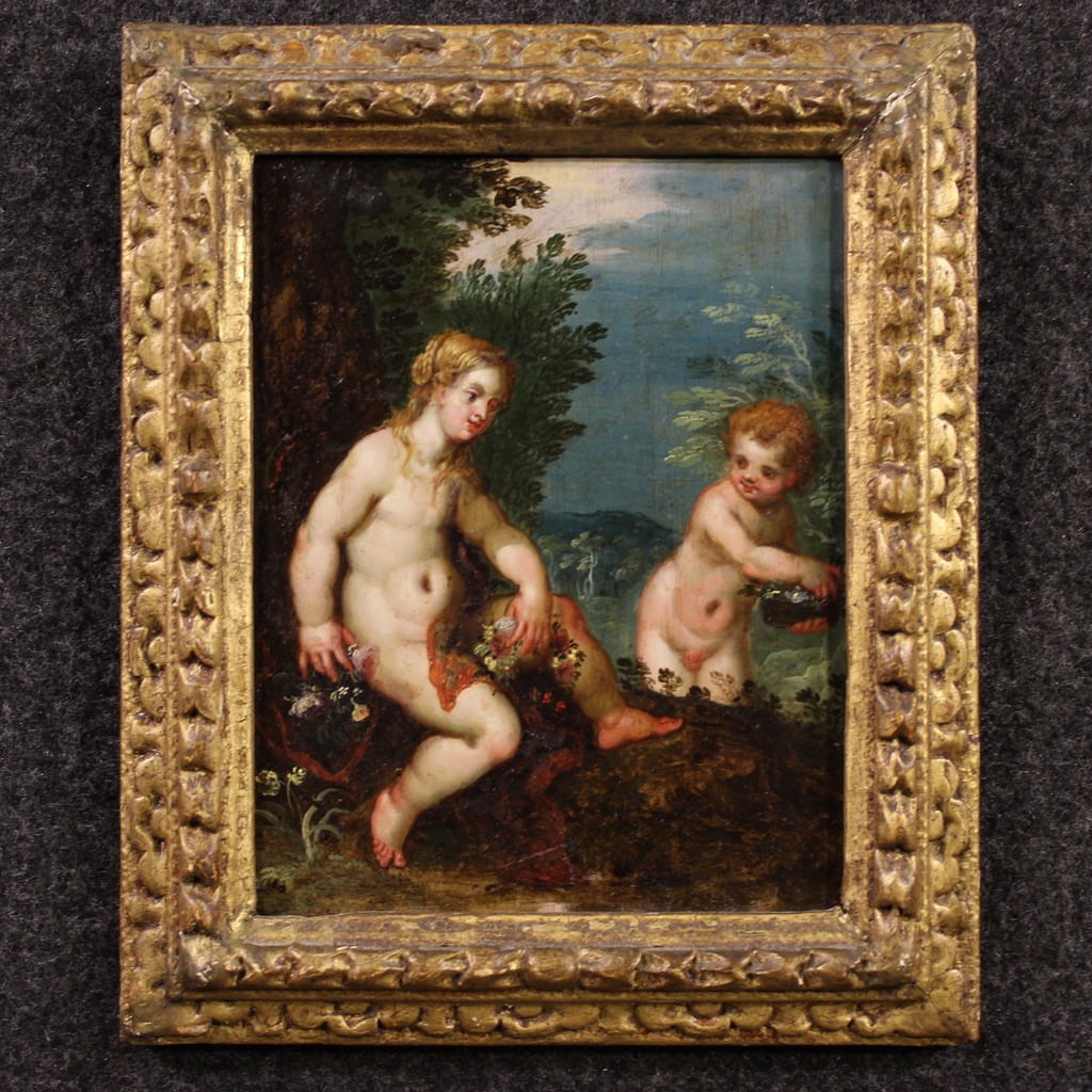 Antique Flemish Painting On Copper From The 17th Century, Mythological Scene