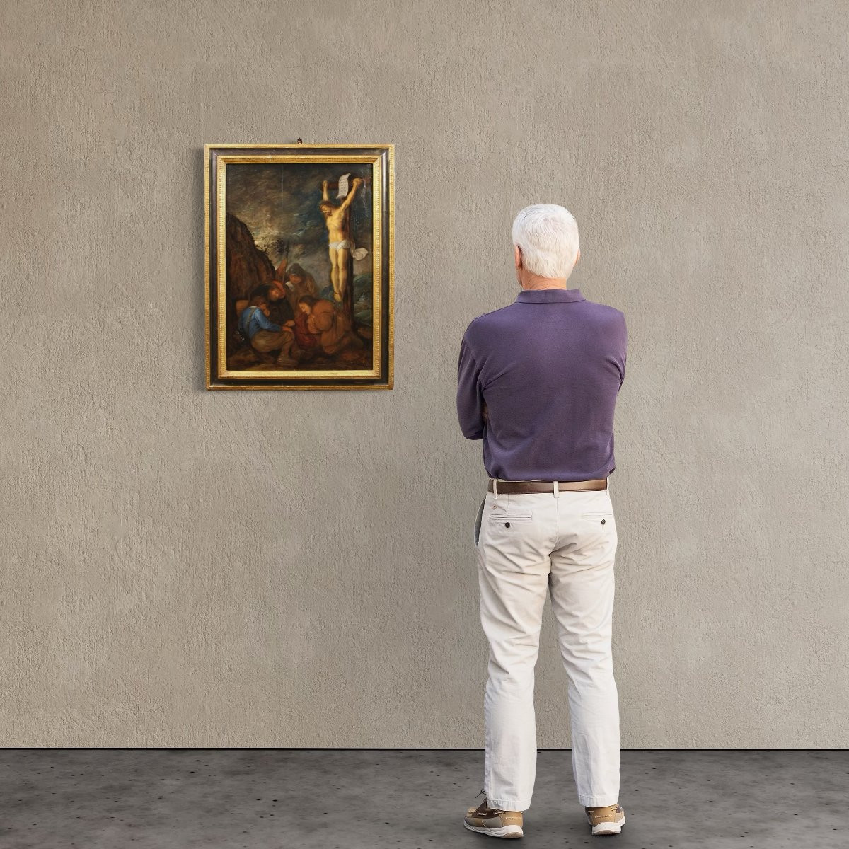 Antique Flemish Painting On Panel From The 17th Century, Crucifixion With Soldiers -photo-2