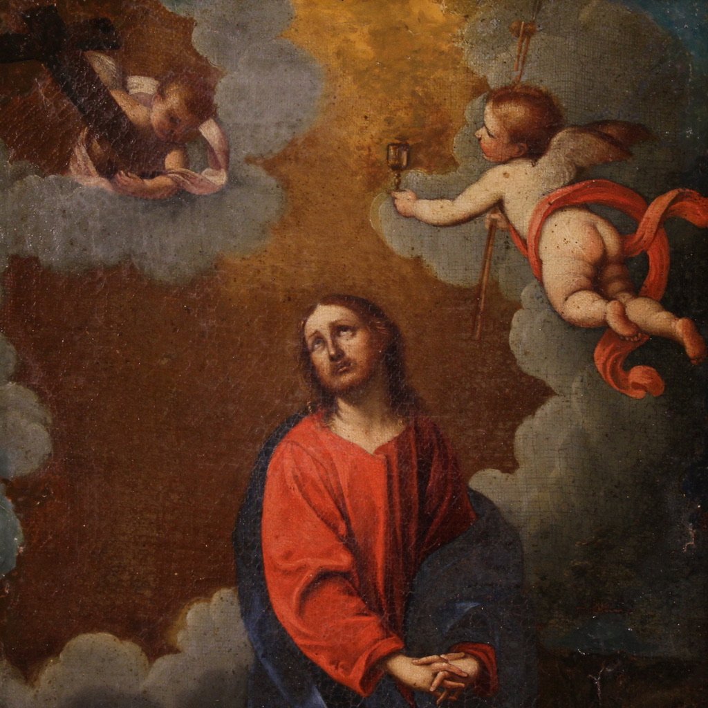 Tableau italien ancien représentant le Christ avec des anges du 17ème siècle-photo-3