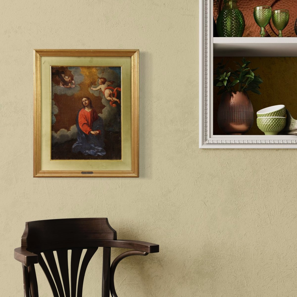 Tableau italien ancien représentant le Christ avec des anges du 17ème siècle-photo-1