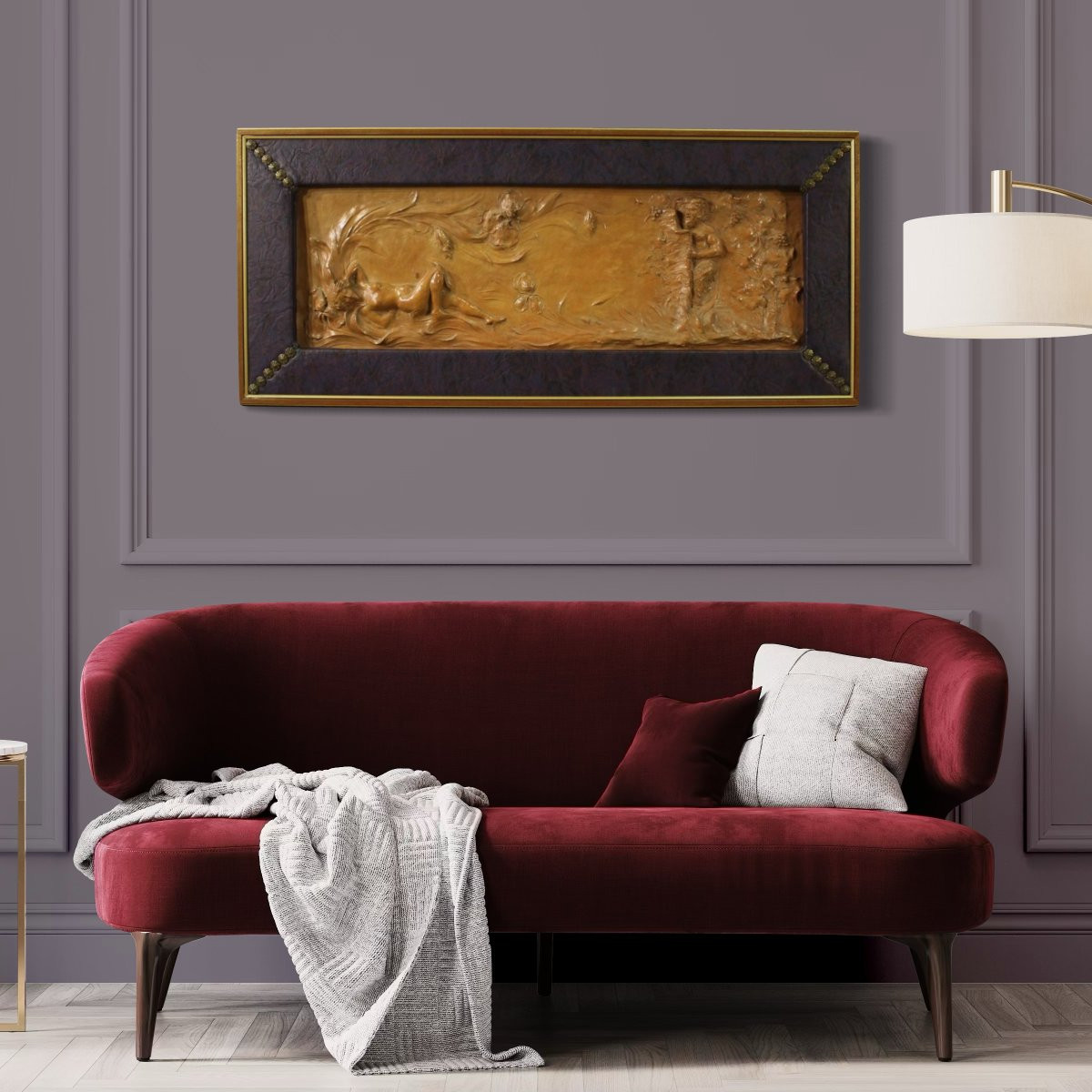 Bas-relief français en terre cuite, Vénus avec faune du 20ème siècle-photo-2