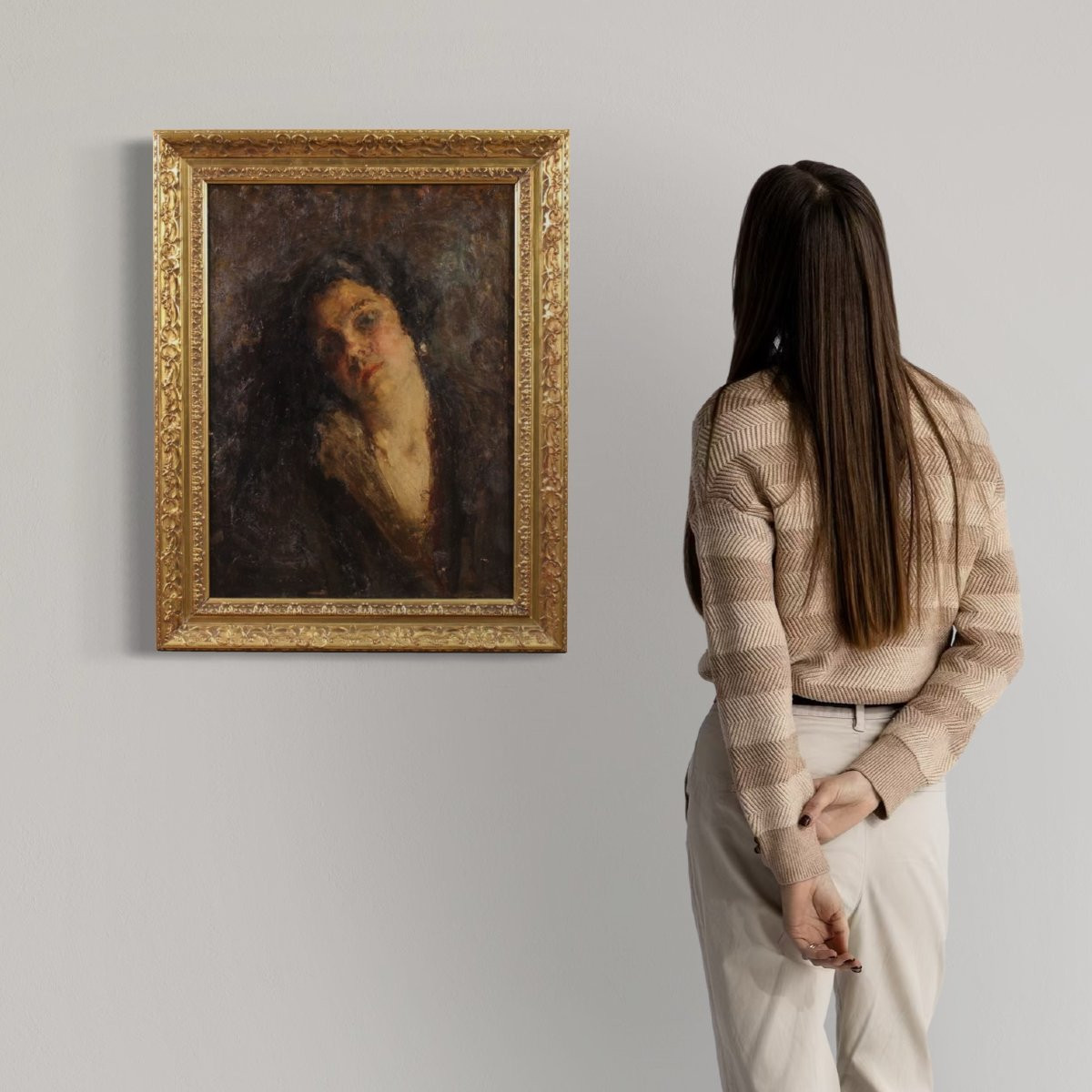 19th Century Italian Impressionist Female Portrait Painting-photo-2