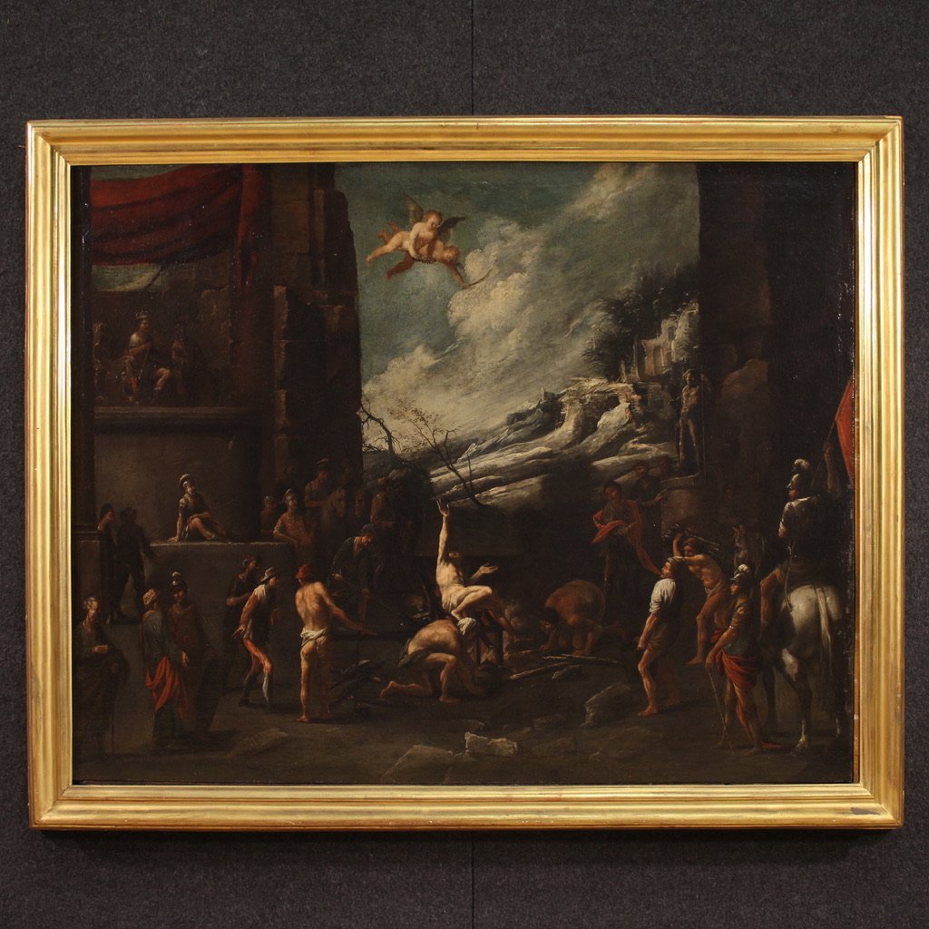 Grand tableau religieux du 17ème siècle, Le Martyre de Saint Laurent-photo-2