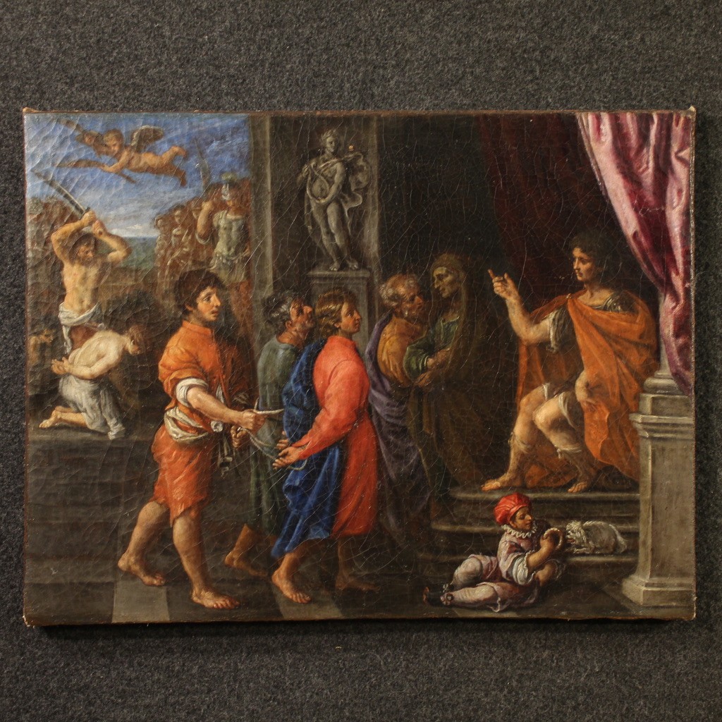 Antique Italian Painting From The 17th Century, The Martyrdom Of The Four Crowned Saints