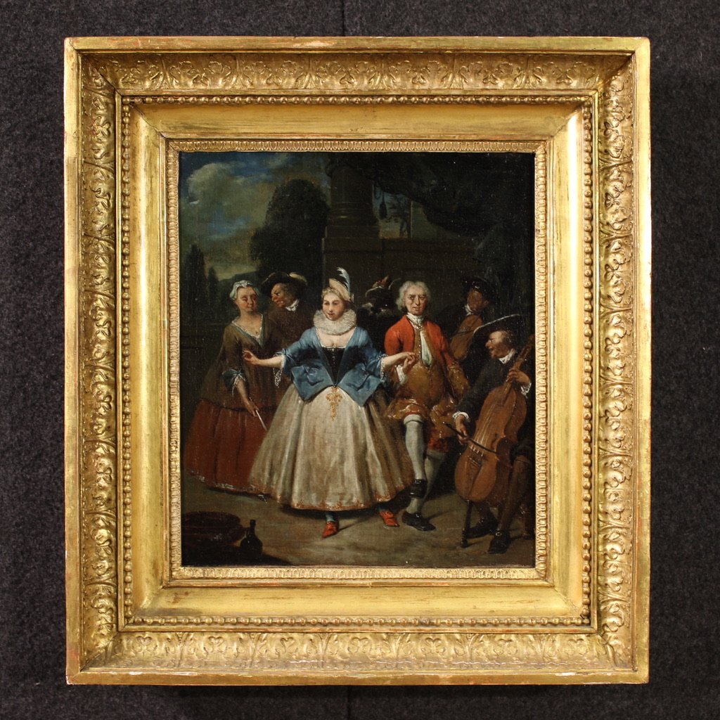 Paire de tableaux anciens du 18ème siècle, scènes galantes-photo-2