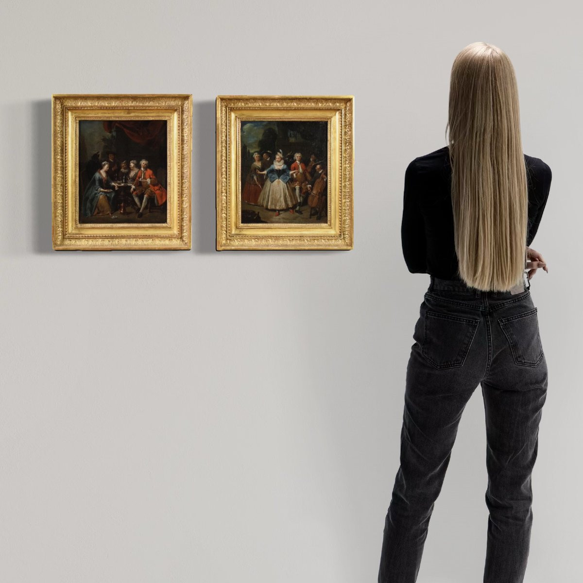 Paire de tableaux anciens du 18ème siècle, scènes galantes-photo-1