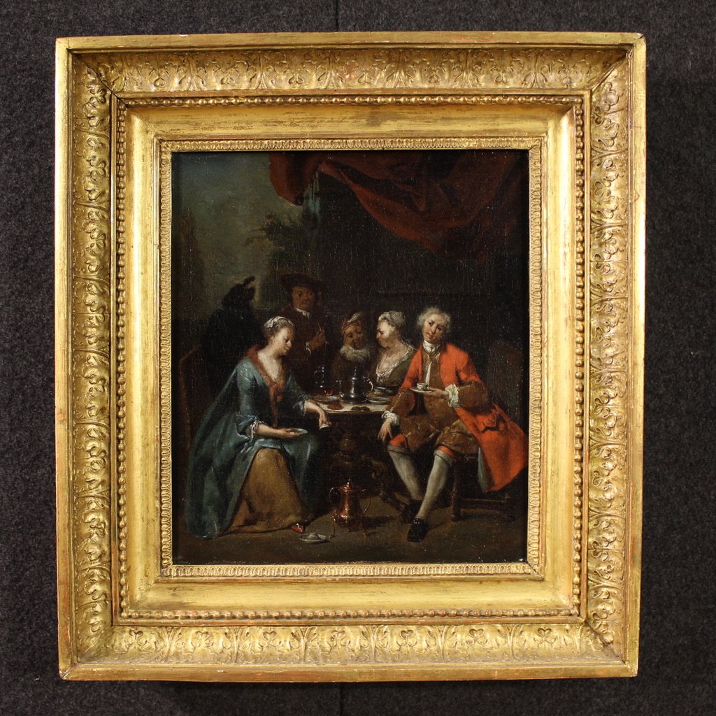 Paire de tableaux anciens du 18ème siècle, scènes galantes-photo-2