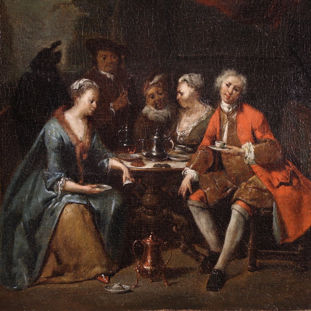 Paire de tableaux anciens du 18ème siècle, scènes galantes-photo-3