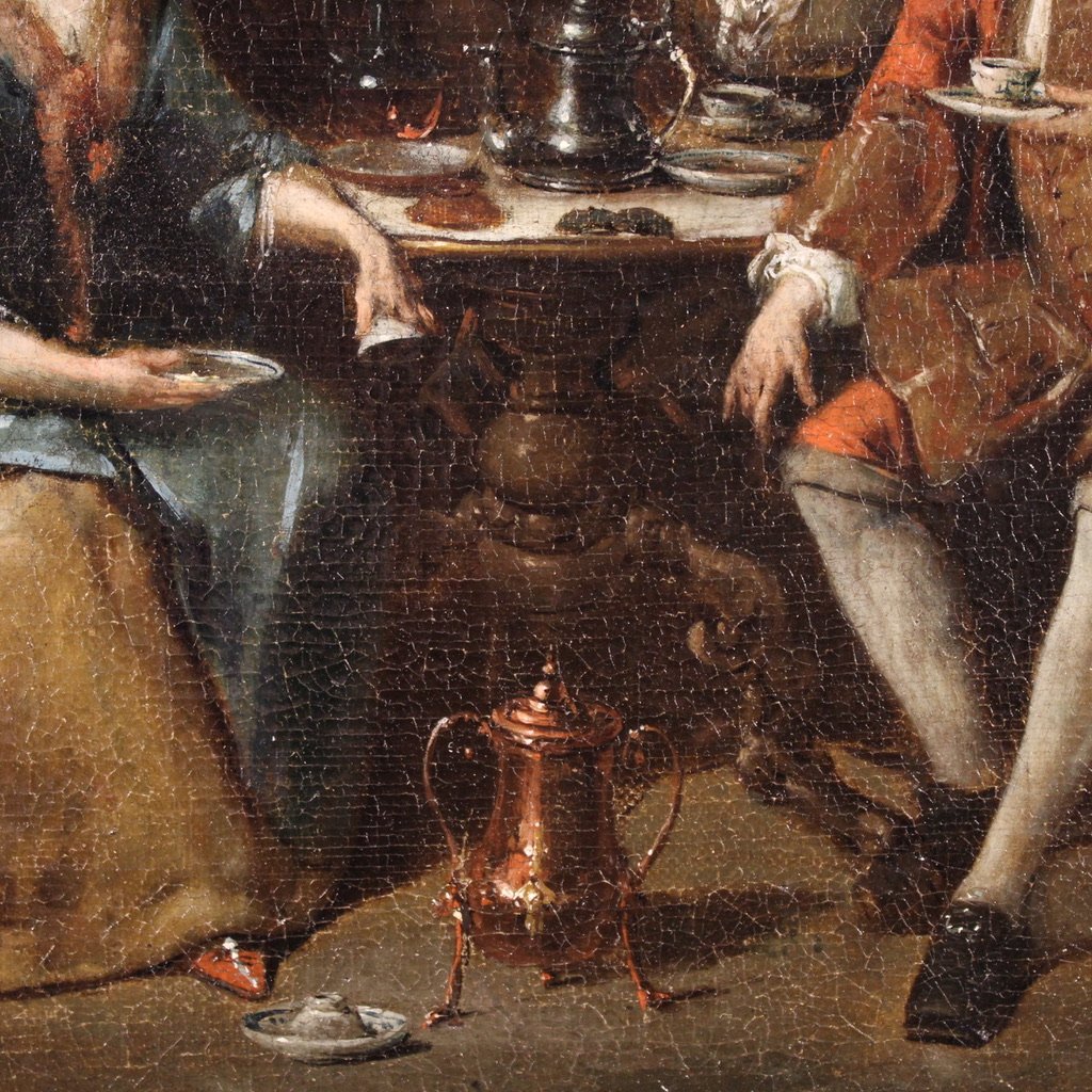 Paire de tableaux anciens du 18ème siècle, scènes galantes-photo-4