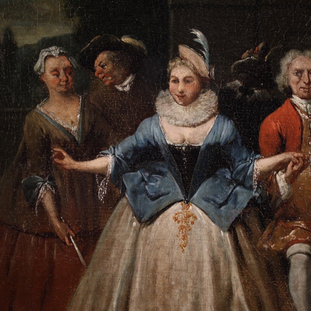 Paire de tableaux anciens du 18ème siècle, scènes galantes-photo-7