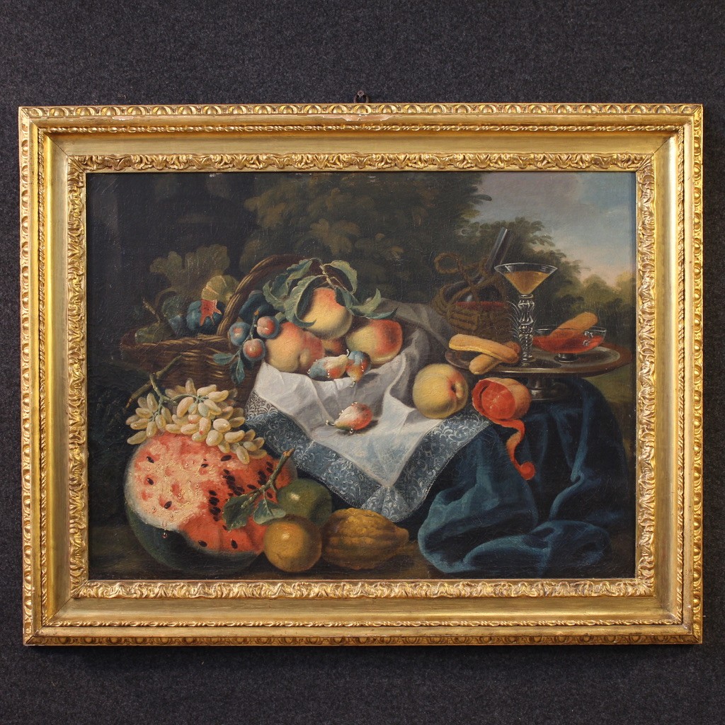 Tableau italien du 17ème siècle, nature morte ancienne aux fruits