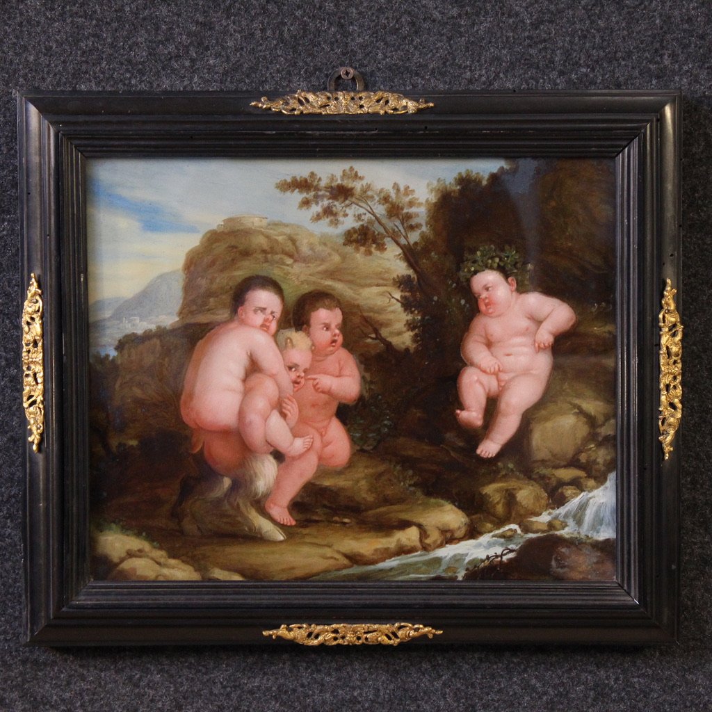 Antique Pair Of 17th Century Glass Paintings, Bacchanal Of Cherubs And Satyrs-photo-2