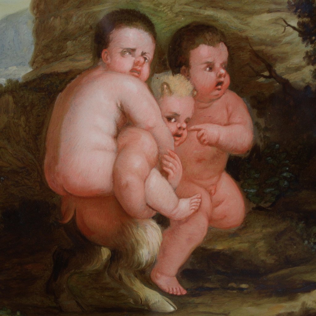 Antique Pair Of 17th Century Glass Paintings, Bacchanal Of Cherubs And Satyrs-photo-3