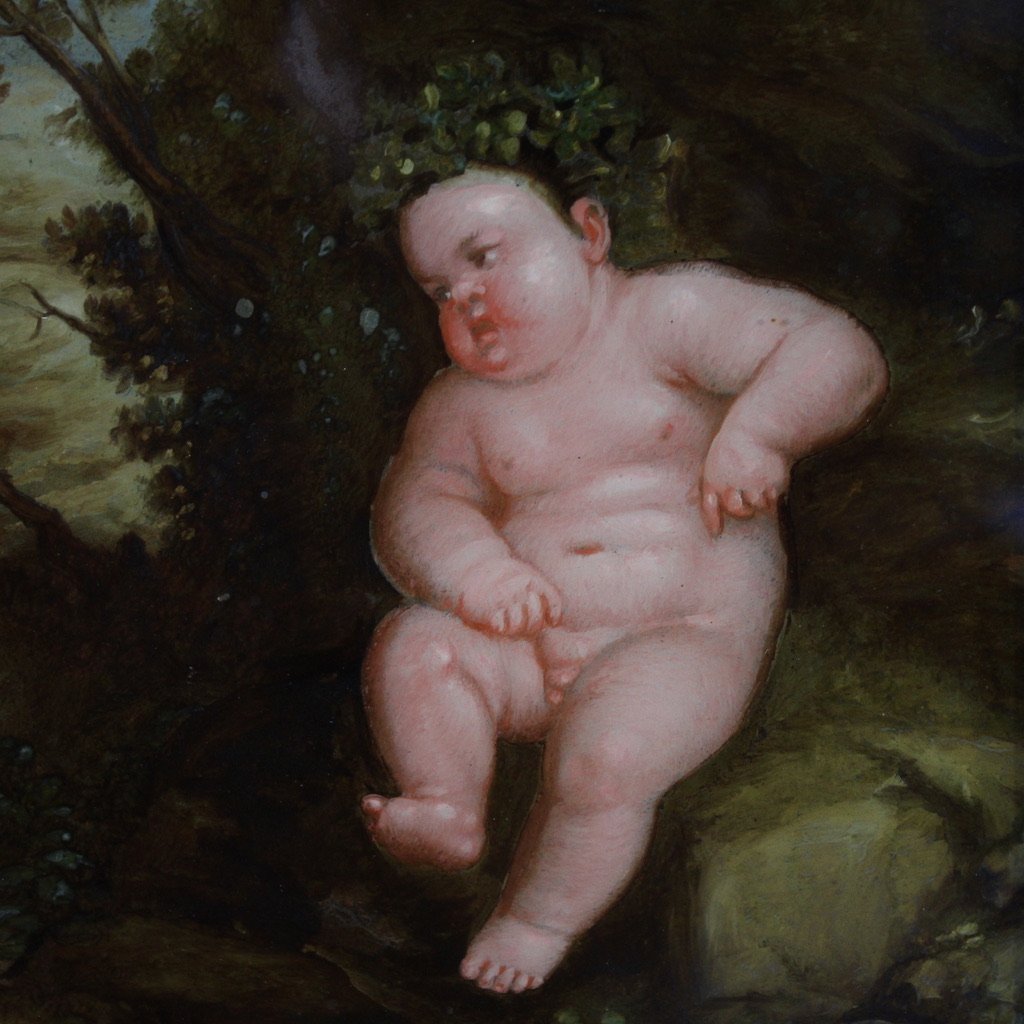 Antique Pair Of 17th Century Glass Paintings, Bacchanal Of Cherubs And Satyrs-photo-7