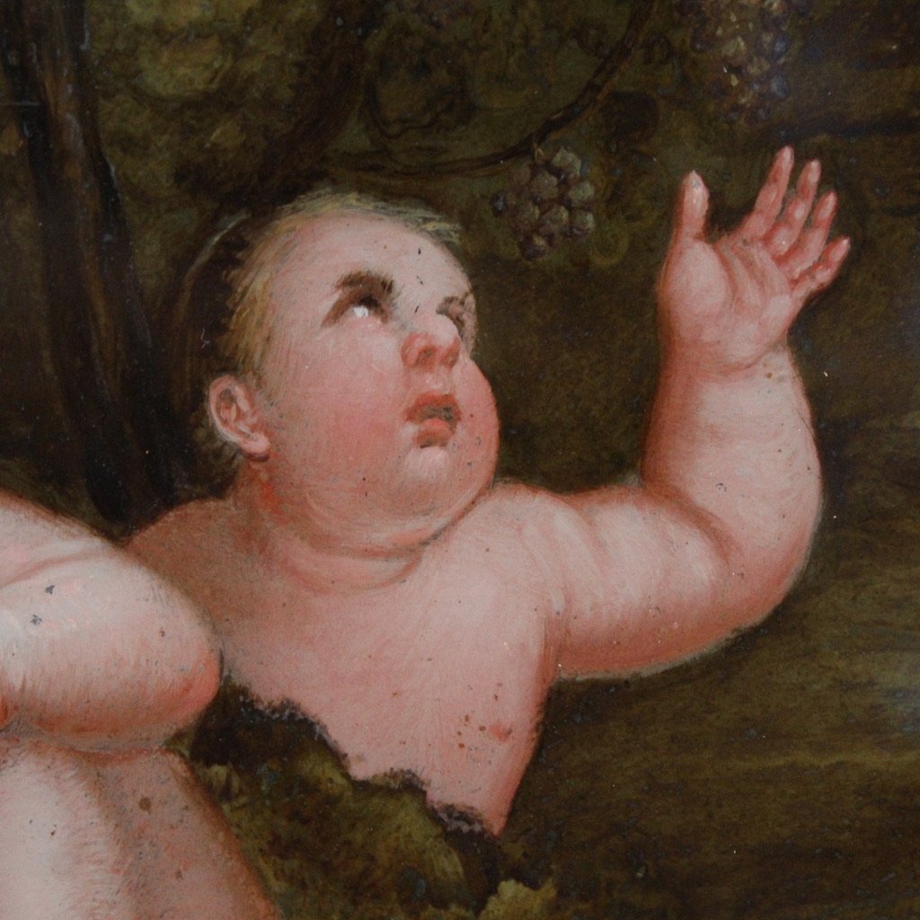 Antique Pair Of 17th Century Glass Paintings, Bacchanal Of Cherubs And Satyrs-photo-8