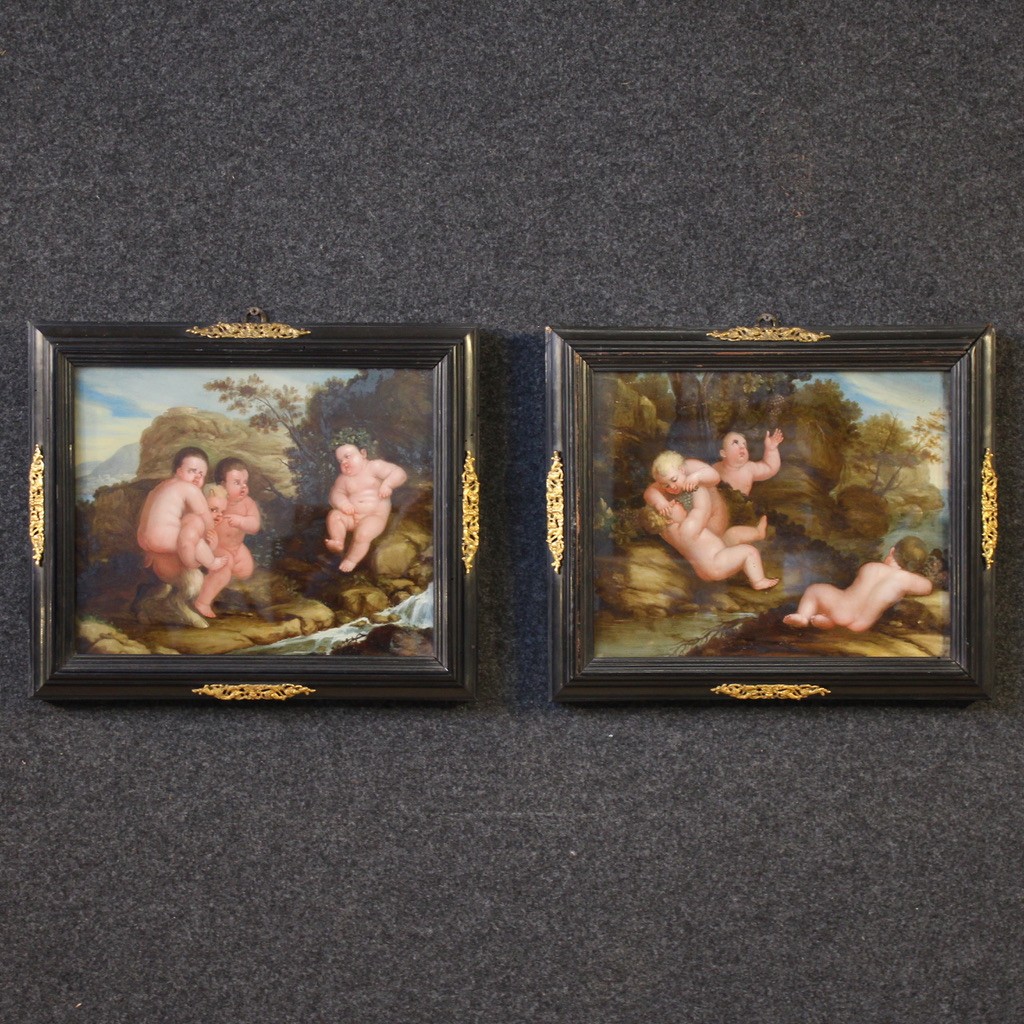 Antique Pair Of 17th Century Glass Paintings, Bacchanal Of Cherubs And Satyrs