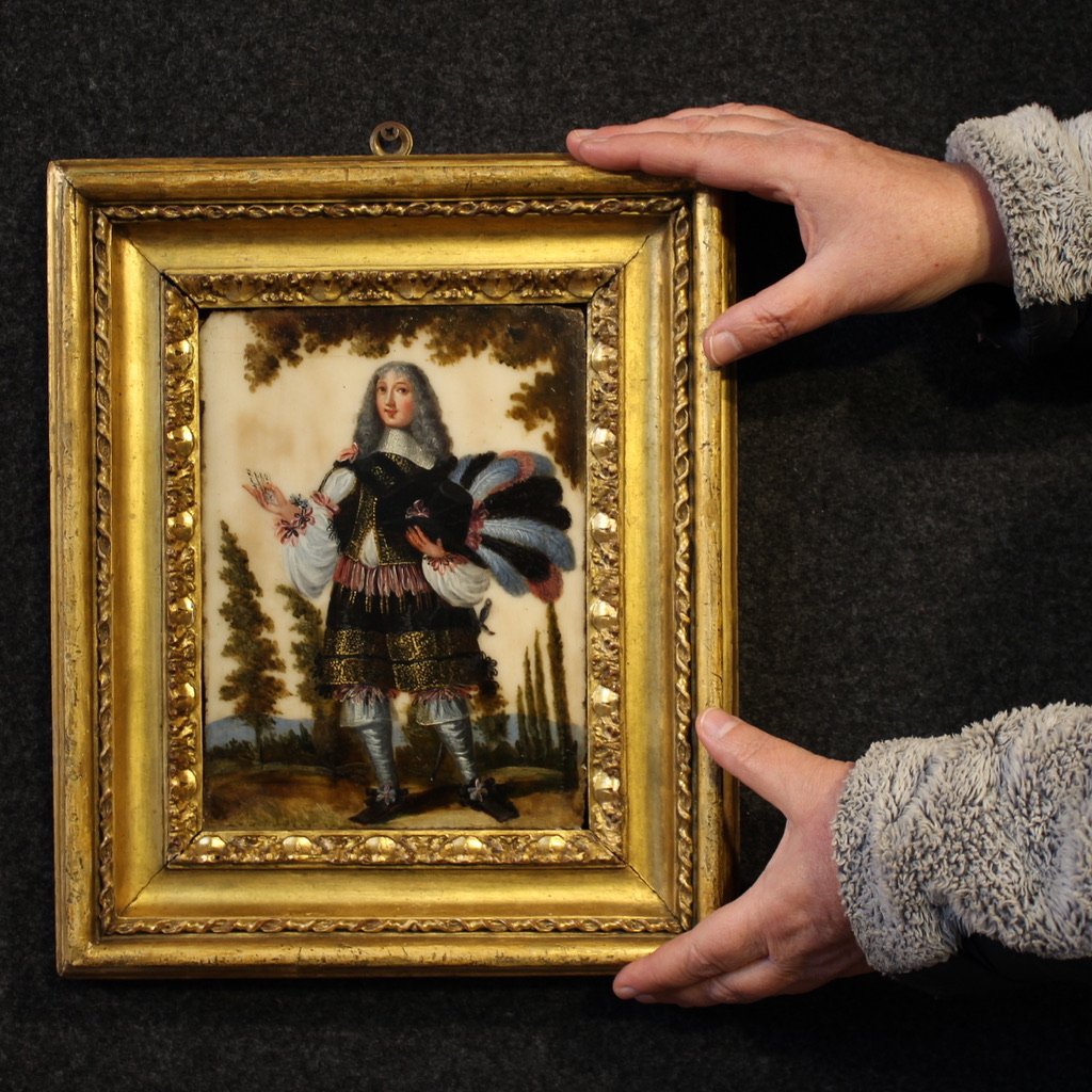 Ancienne peinture sur marbre du 17ème siècle, portrait d'un noble sud-américain-photo-3