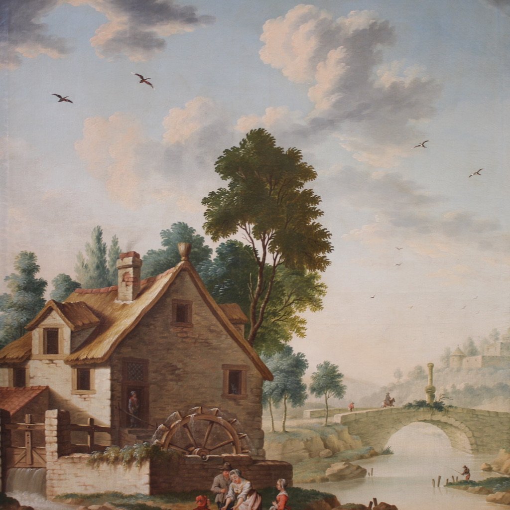 Grand tableau italien du 18ème siècle, paysage champêtre avec scène de genre-photo-3