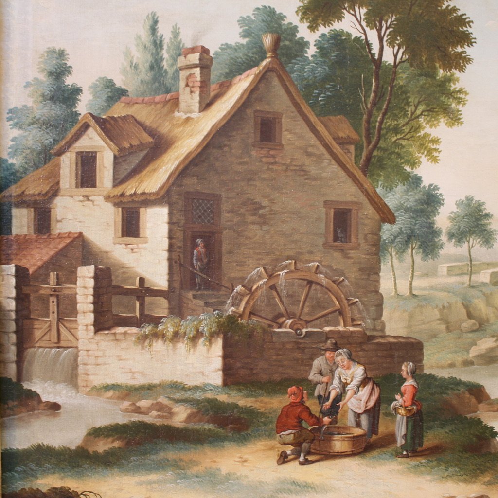 Grand tableau italien du 18ème siècle, paysage champêtre avec scène de genre-photo-4