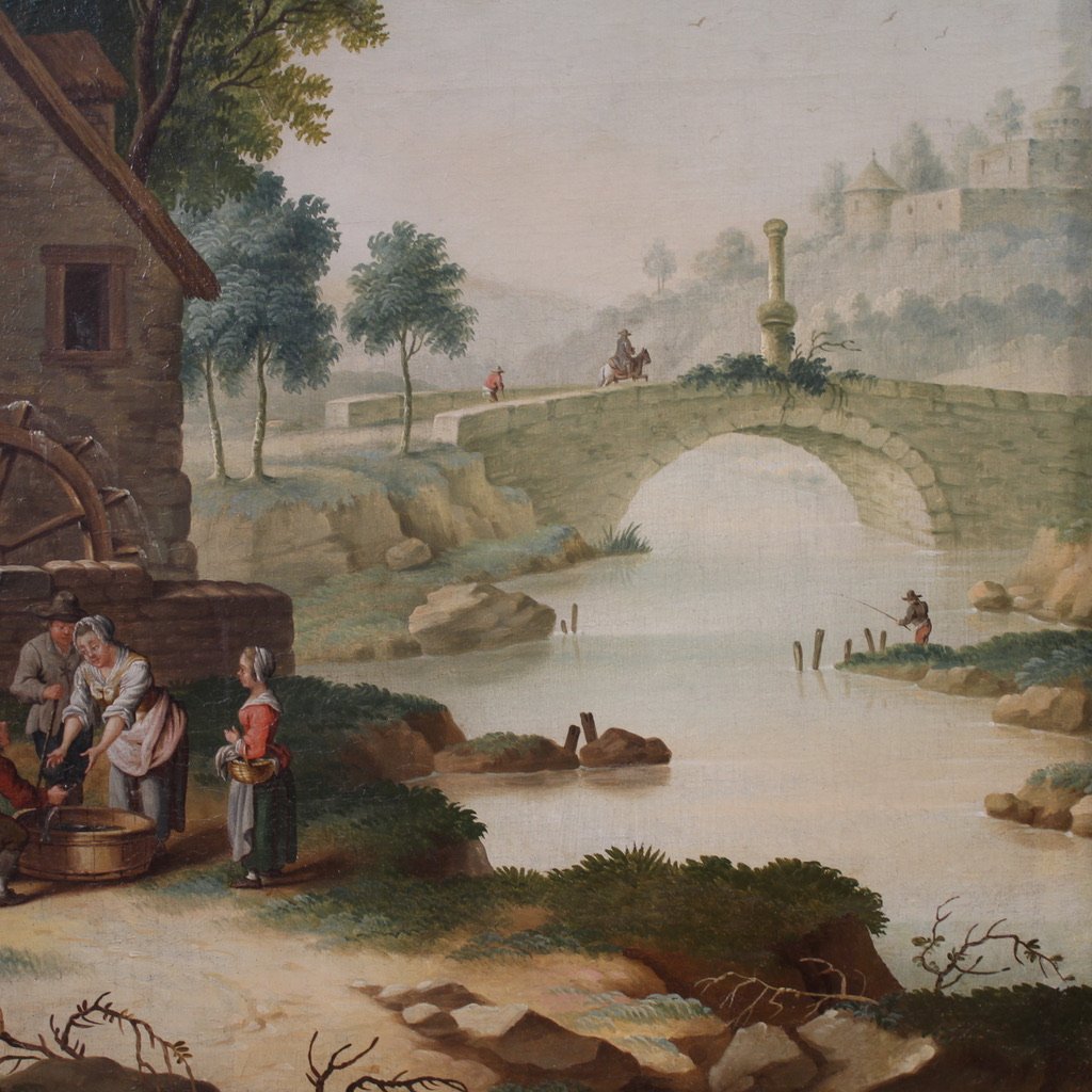 Grand tableau italien du 18ème siècle, paysage champêtre avec scène de genre-photo-5
