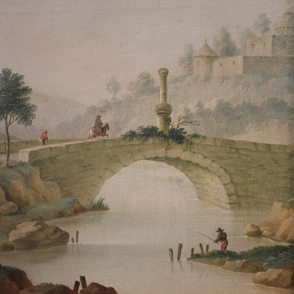 Grand tableau italien du 18ème siècle, paysage champêtre avec scène de genre-photo-6