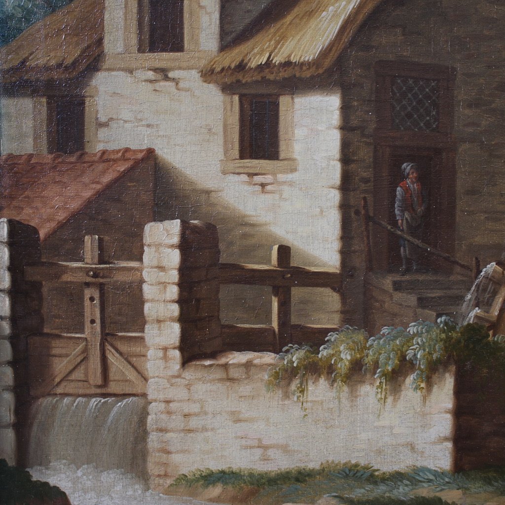 Grand tableau italien du 18ème siècle, paysage champêtre avec scène de genre-photo-7