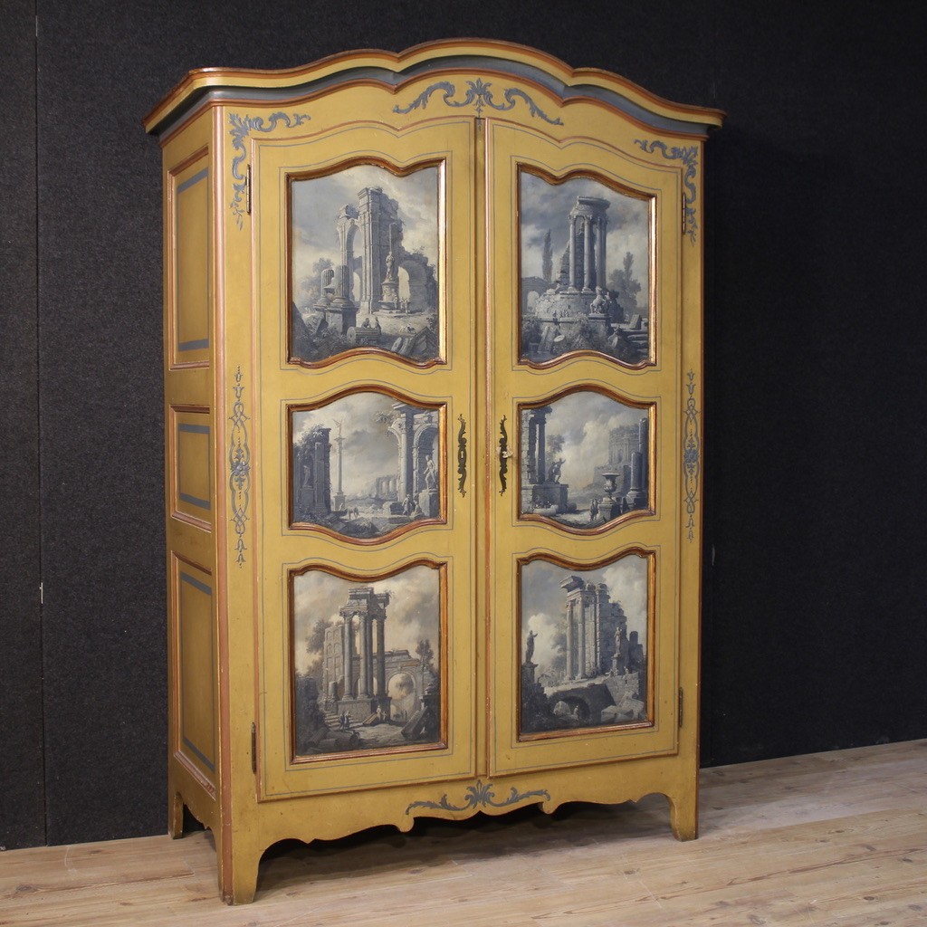 Small Lacquered, Gilded And Painted Piedmontese Wardrobe From The 20th Century