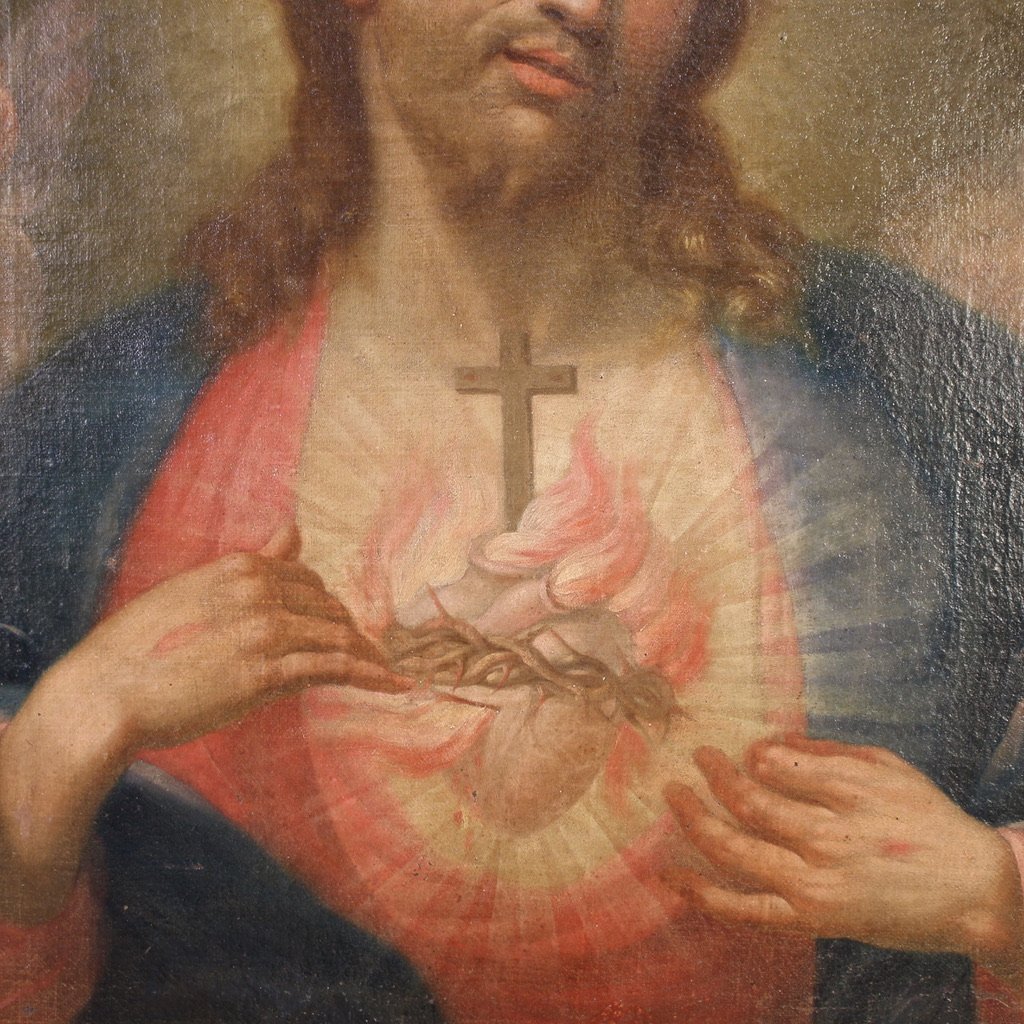 Ancien tableau italien du 18ème siècle, le Sacré-Cœur de Jésus-photo-4