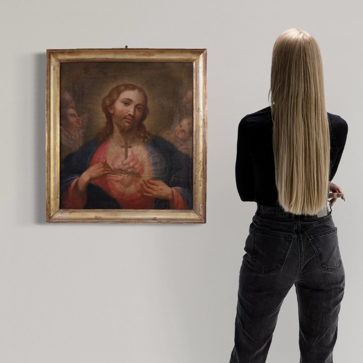 Ancien tableau italien du 18ème siècle, le Sacré-Cœur de Jésus-photo-1