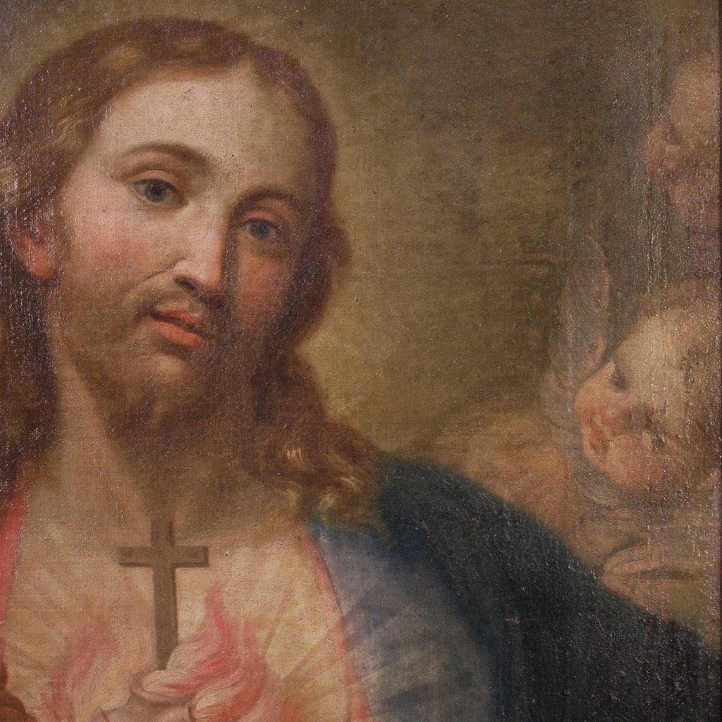 Ancien tableau italien du 18ème siècle, le Sacré-Cœur de Jésus-photo-4