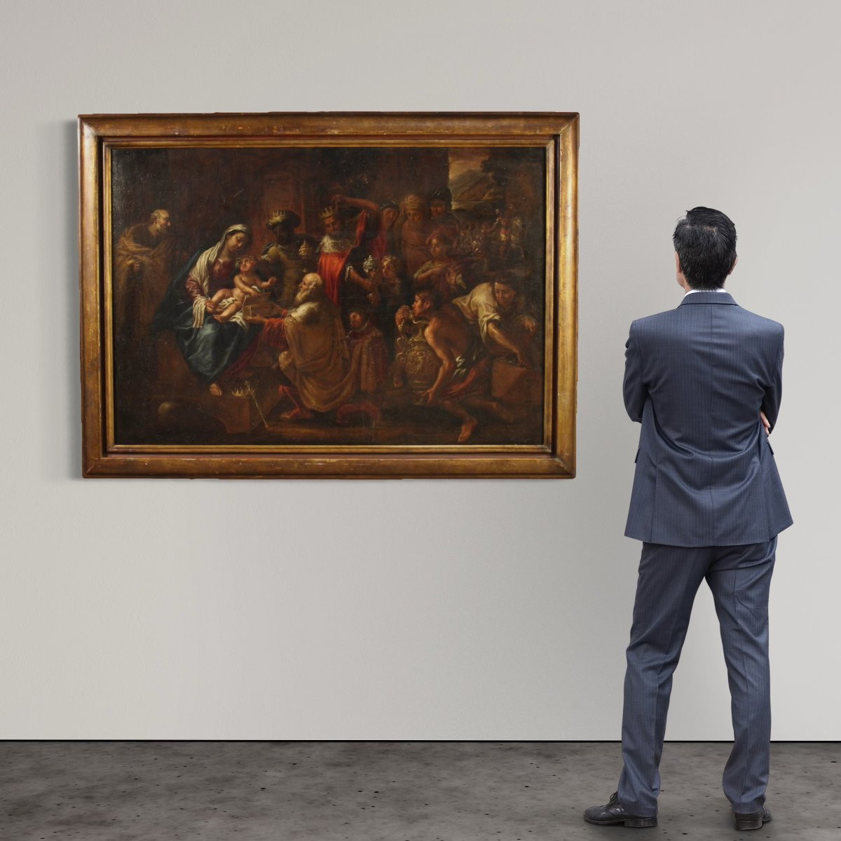 Grand tableau religieux du 17ème siècle, L'Adoration des Mages-photo-1