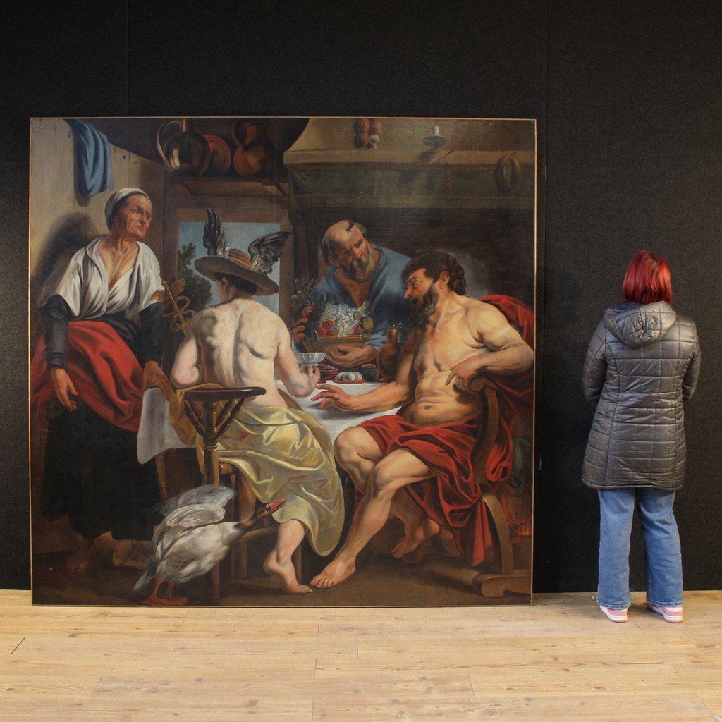Grand tableau mythologique du 18ème siècle, Philémon et Baucis visités par Jupiter et Mercure-photo-3
