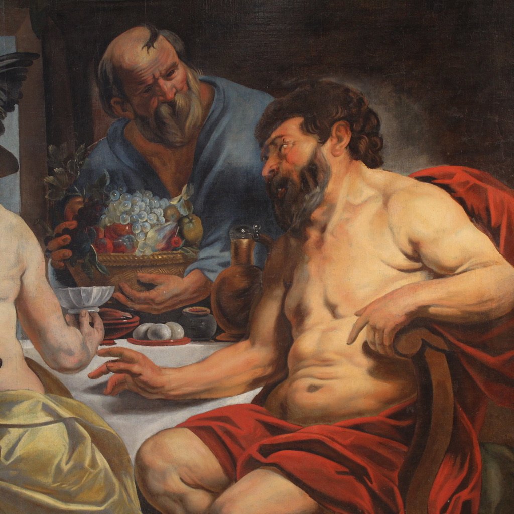 Grand tableau mythologique du 18ème siècle, Philémon et Baucis visités par Jupiter et Mercure-photo-4