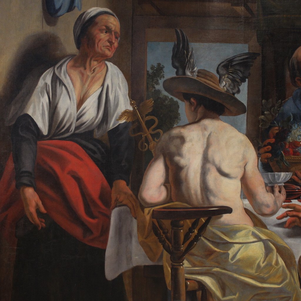 Grand tableau mythologique du 18ème siècle, Philémon et Baucis visités par Jupiter et Mercure-photo-1