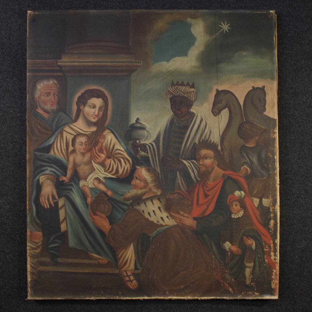 19th Century Spanish Painting Adoration Of The Magi-photo-2
