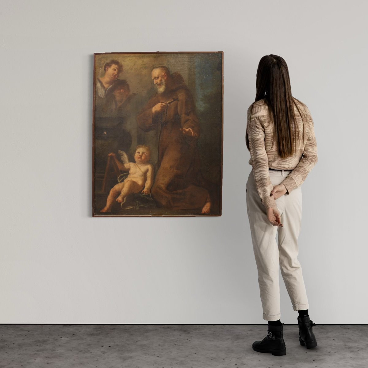 Tableau ancien du 17ème siècle, saint franciscain en prière avec des chérubins-photo-2