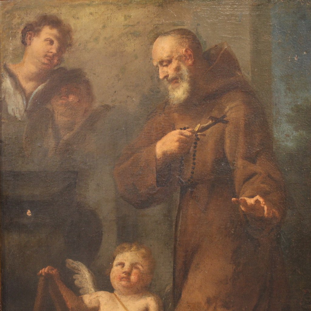 Tableau ancien du 17ème siècle, saint franciscain en prière avec des chérubins-photo-3