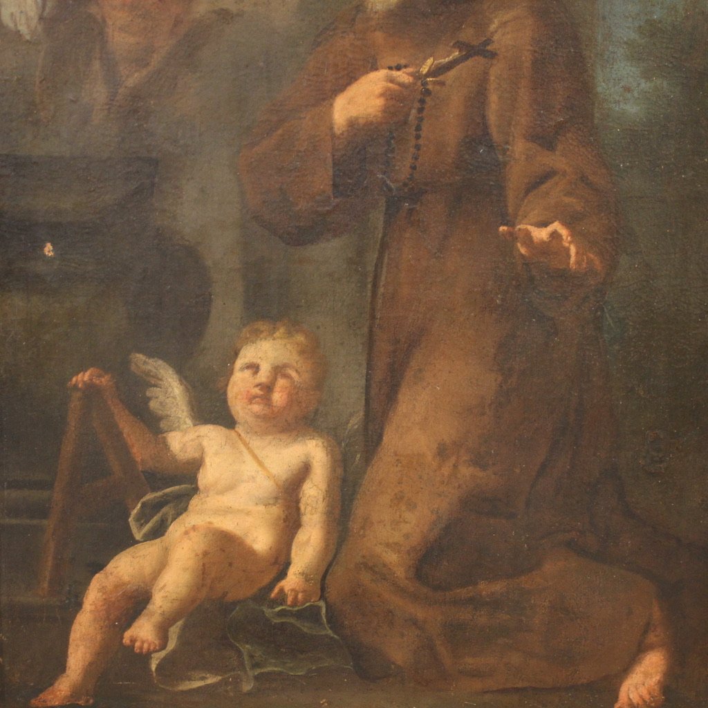Tableau ancien du 17ème siècle, saint franciscain en prière avec des chérubins-photo-4