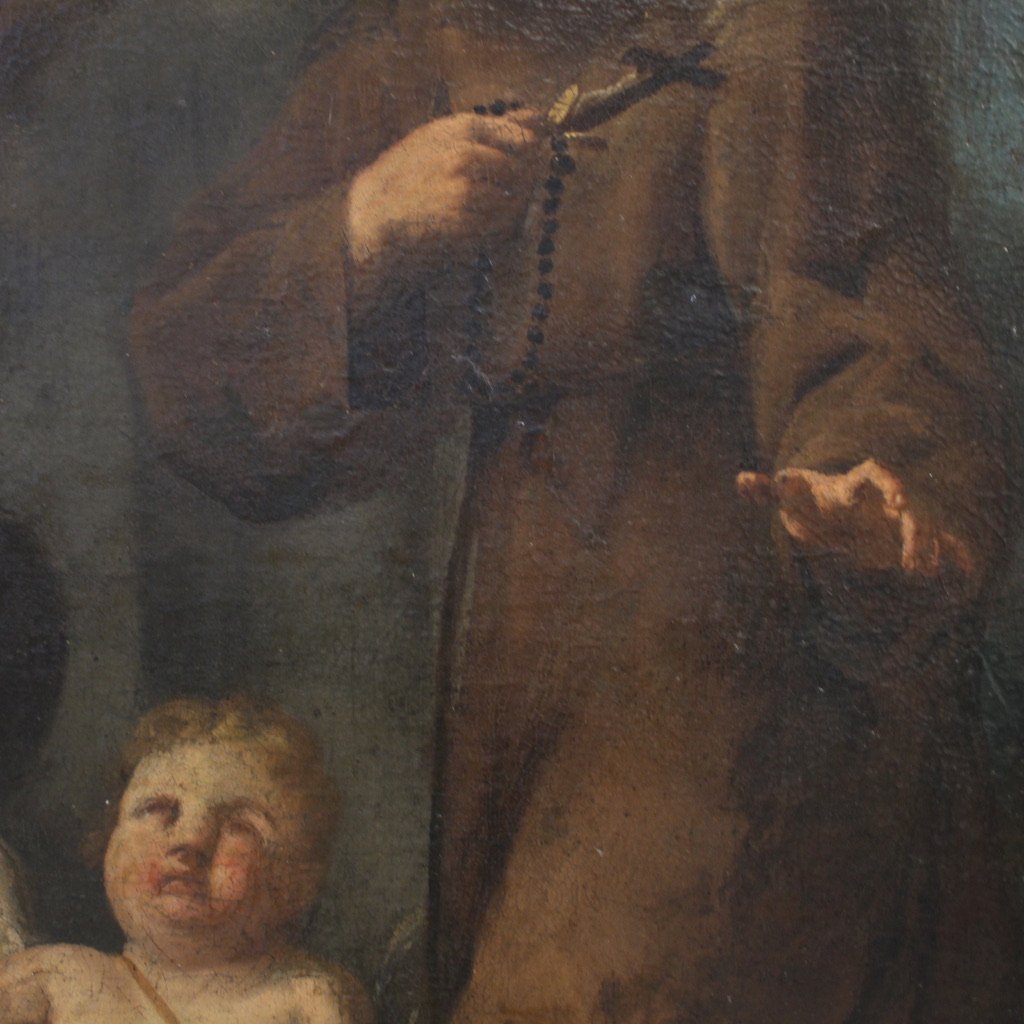 Tableau ancien du 17ème siècle, saint franciscain en prière avec des chérubins-photo-1