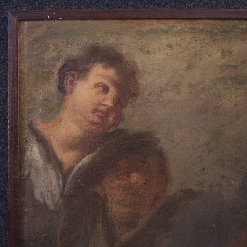 Tableau ancien du 17ème siècle, saint franciscain en prière avec des chérubins-photo-2