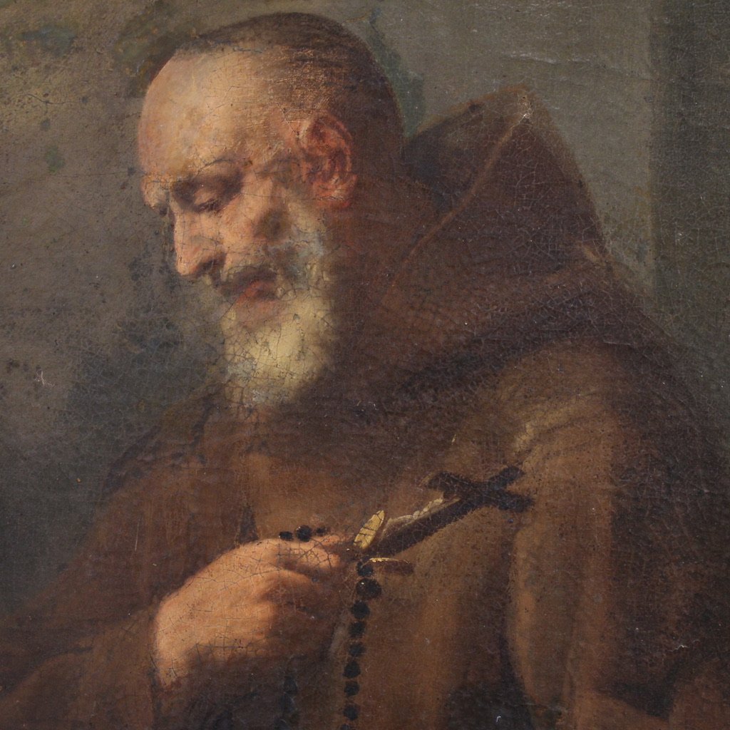 Tableau ancien du 17ème siècle, saint franciscain en prière avec des chérubins-photo-5