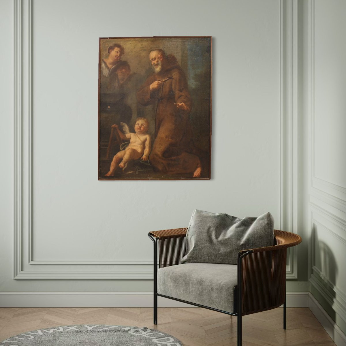 Tableau ancien du 17ème siècle, saint franciscain en prière avec des chérubins-photo-6