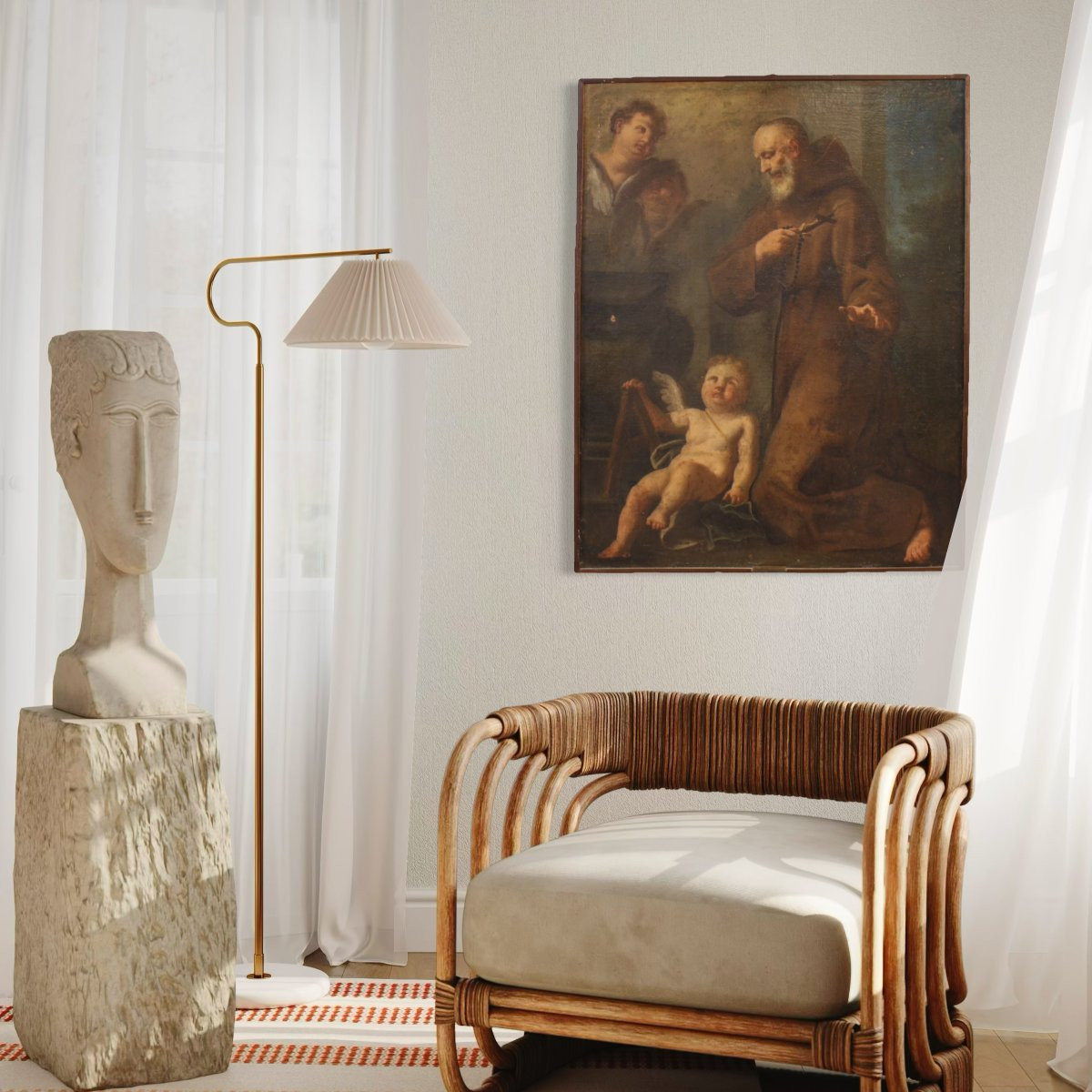 Tableau ancien du 17ème siècle, saint franciscain en prière avec des chérubins-photo-8