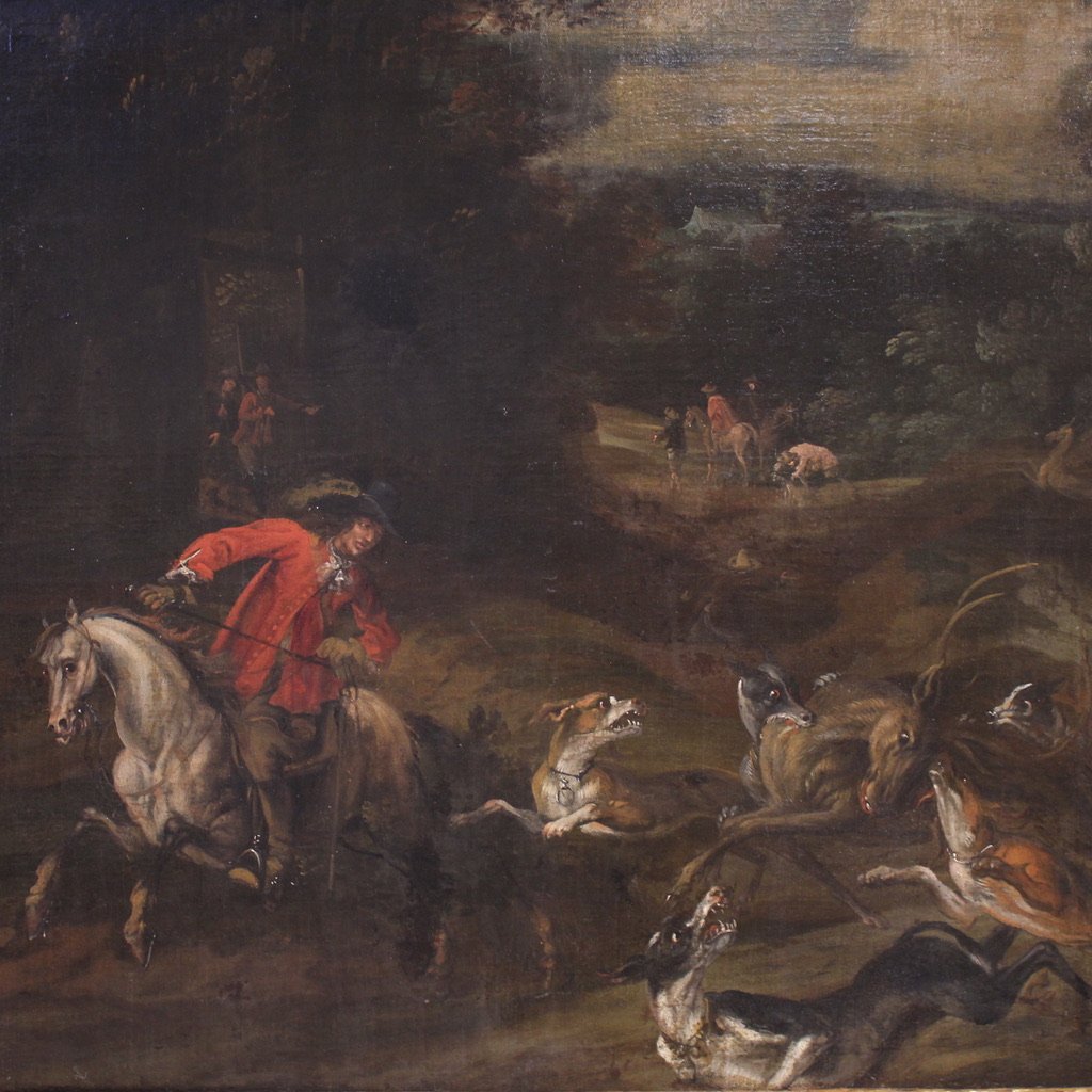Antique Italian Painting Of A Deer Hunting Scene From The 18th Century-photo-2