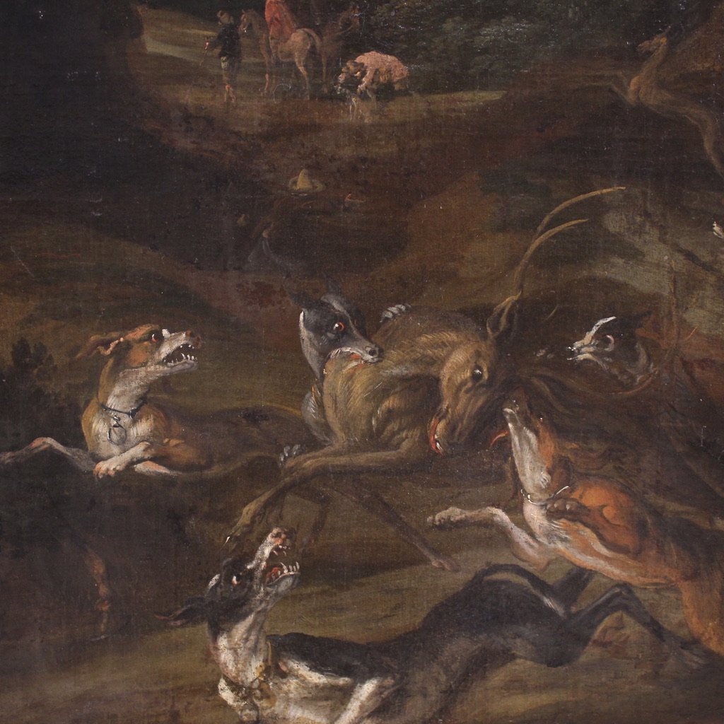 Antique Italian Painting Of A Deer Hunting Scene From The 18th Century-photo-1
