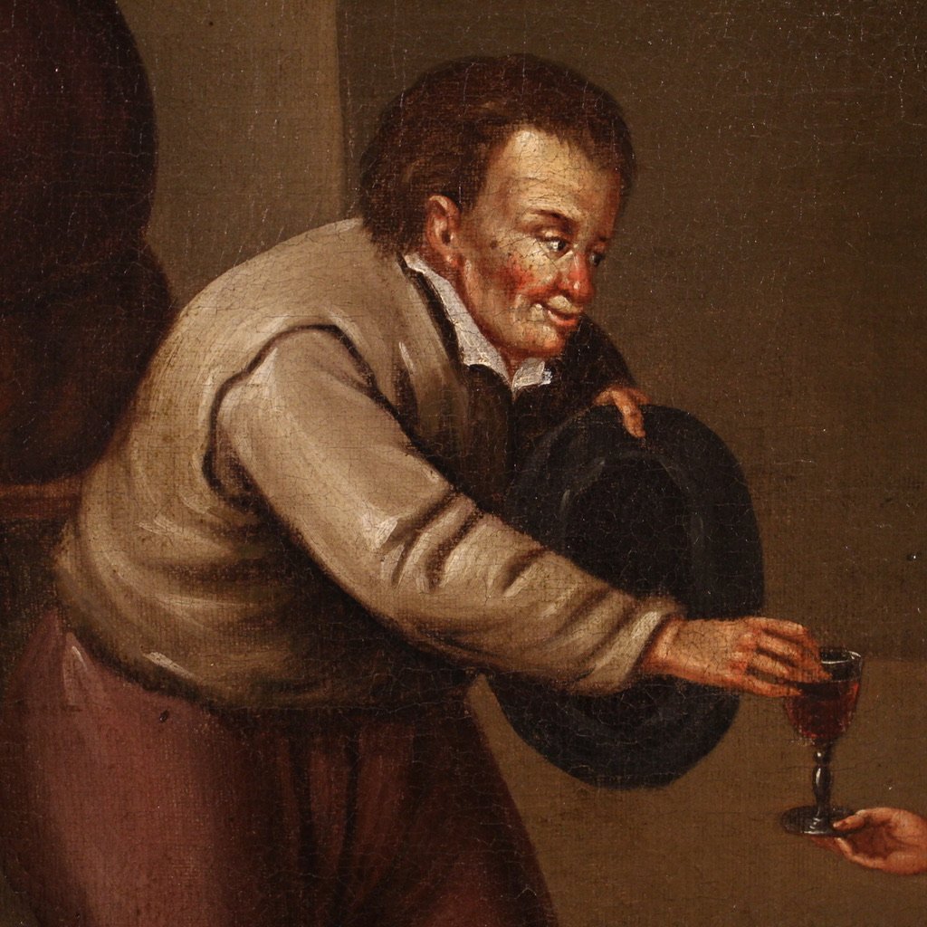 Antique Flemish Interior Scene Painting From The 17th Century-photo-4