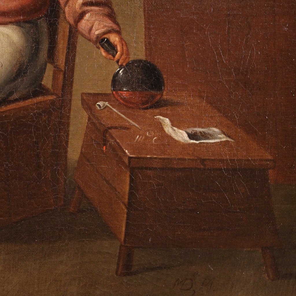 Antique Flemish Interior Scene Painting From The 17th Century-photo-6