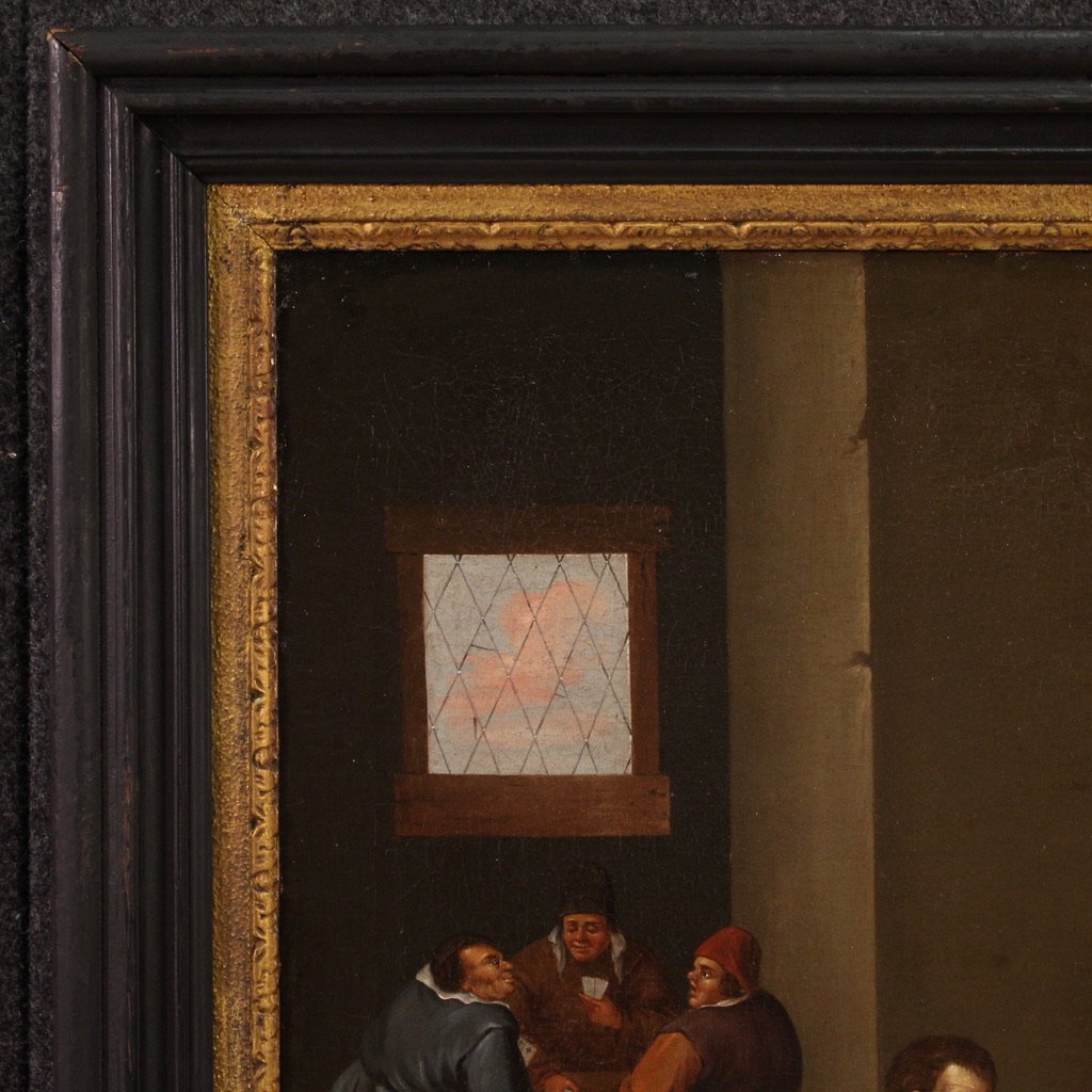 Antique Flemish Interior Scene Painting From The 17th Century-photo-7