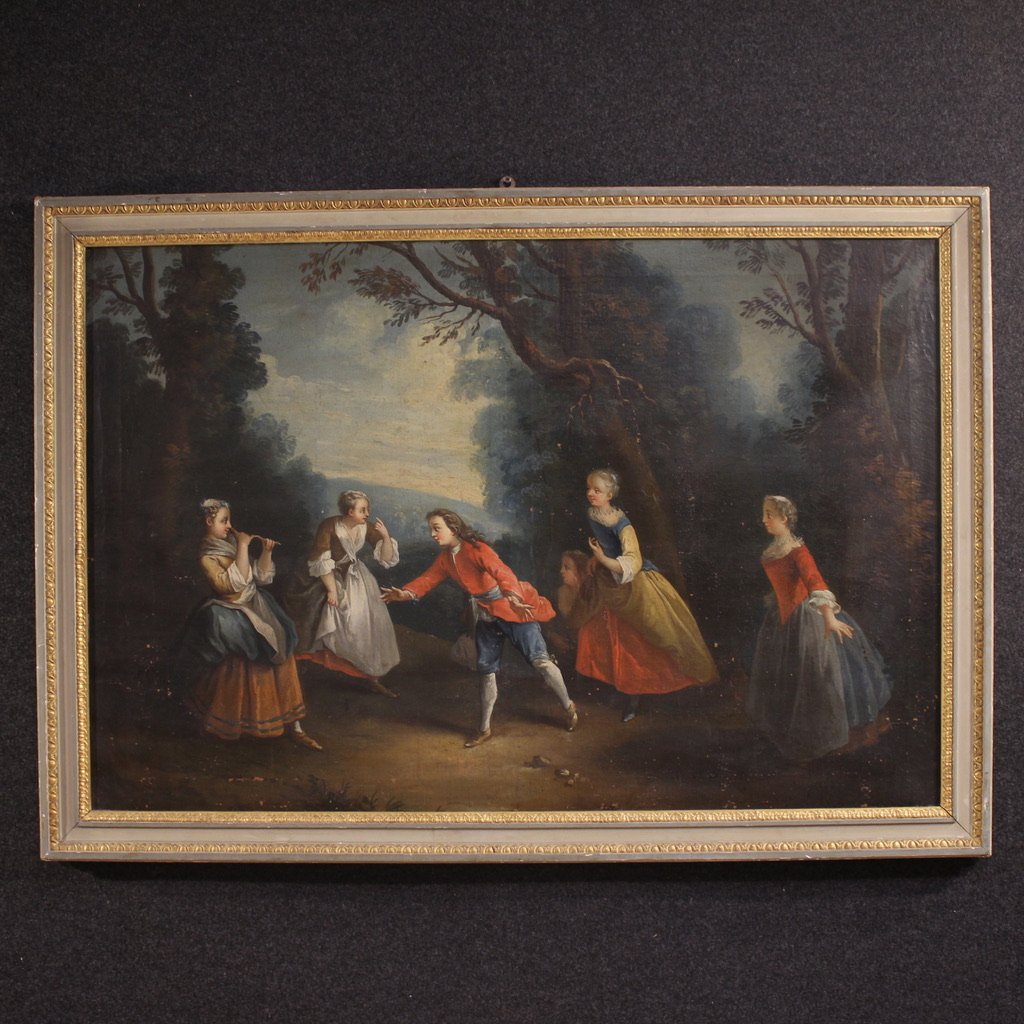 Ancien tableau français enfants jouant du 18ème siècle-photo-2