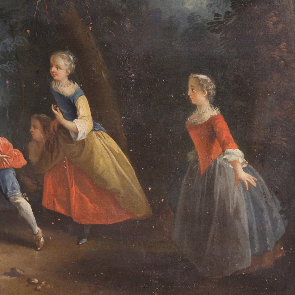 Ancien tableau français enfants jouant du 18ème siècle-photo-4